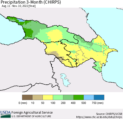 Azerbaijan, Armenia and Georgia Precipitation 3-Month (CHIRPS) Thematic Map For 8/11/2022 - 11/10/2022