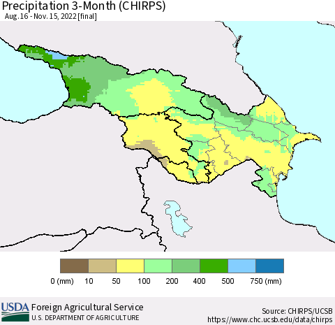 Azerbaijan, Armenia and Georgia Precipitation 3-Month (CHIRPS) Thematic Map For 8/16/2022 - 11/15/2022
