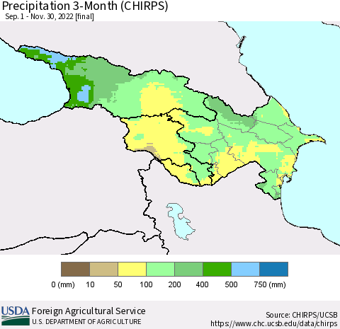 Azerbaijan, Armenia and Georgia Precipitation 3-Month (CHIRPS) Thematic Map For 9/1/2022 - 11/30/2022