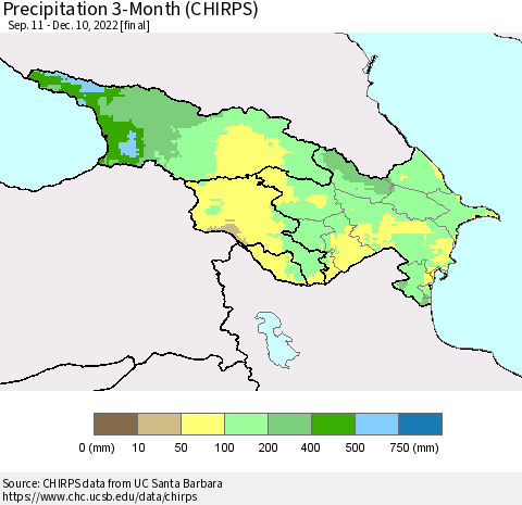Azerbaijan, Armenia and Georgia Precipitation 3-Month (CHIRPS) Thematic Map For 9/11/2022 - 12/10/2022