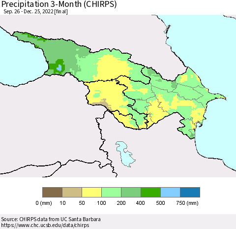 Azerbaijan, Armenia and Georgia Precipitation 3-Month (CHIRPS) Thematic Map For 9/26/2022 - 12/25/2022