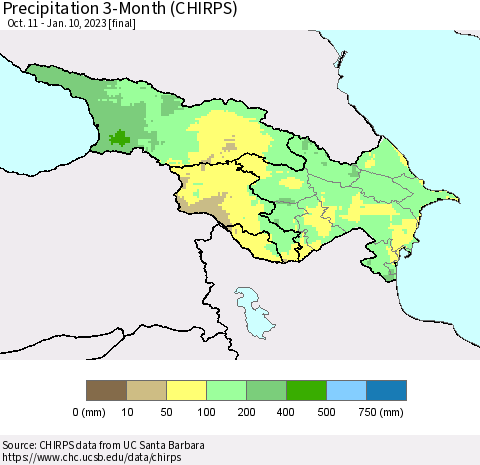 Azerbaijan, Armenia and Georgia Precipitation 3-Month (CHIRPS) Thematic Map For 10/11/2022 - 1/10/2023