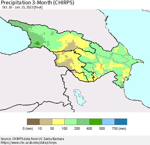 Azerbaijan, Armenia and Georgia Precipitation 3-Month (CHIRPS) Thematic Map For 10/16/2022 - 1/15/2023