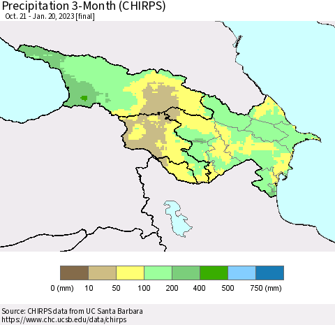 Azerbaijan, Armenia and Georgia Precipitation 3-Month (CHIRPS) Thematic Map For 10/21/2022 - 1/20/2023