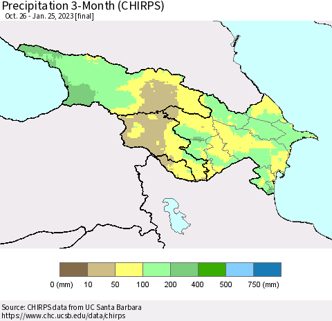 Azerbaijan, Armenia and Georgia Precipitation 3-Month (CHIRPS) Thematic Map For 10/26/2022 - 1/25/2023