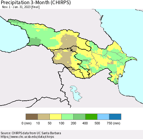 Azerbaijan, Armenia and Georgia Precipitation 3-Month (CHIRPS) Thematic Map For 11/1/2022 - 1/31/2023
