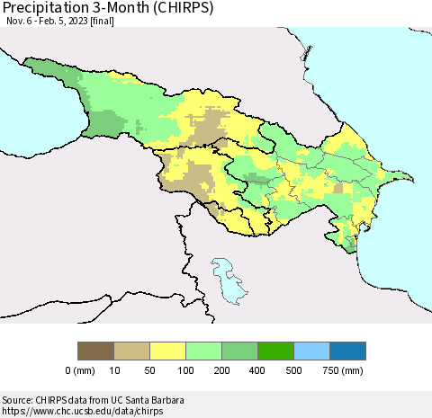 Azerbaijan, Armenia and Georgia Precipitation 3-Month (CHIRPS) Thematic Map For 11/6/2022 - 2/5/2023