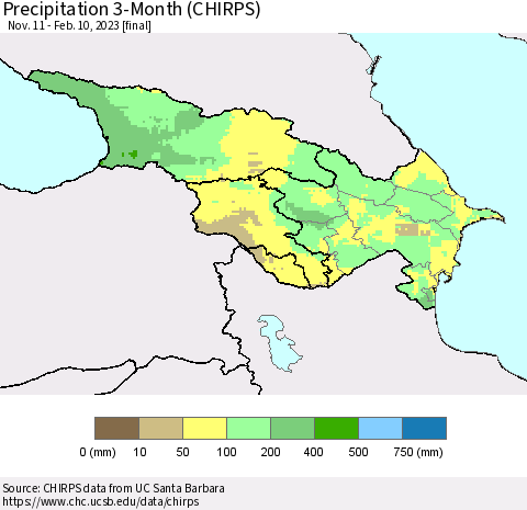 Azerbaijan, Armenia and Georgia Precipitation 3-Month (CHIRPS) Thematic Map For 11/11/2022 - 2/10/2023