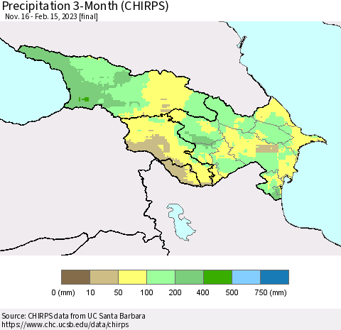 Azerbaijan, Armenia and Georgia Precipitation 3-Month (CHIRPS) Thematic Map For 11/16/2022 - 2/15/2023