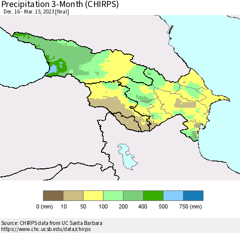 Azerbaijan, Armenia and Georgia Precipitation 3-Month (CHIRPS) Thematic Map For 12/16/2022 - 3/15/2023