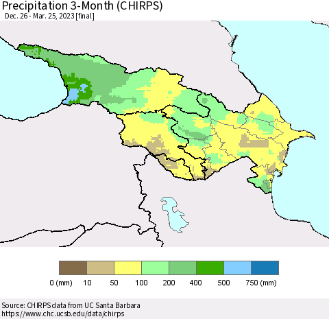 Azerbaijan, Armenia and Georgia Precipitation 3-Month (CHIRPS) Thematic Map For 12/26/2022 - 3/25/2023