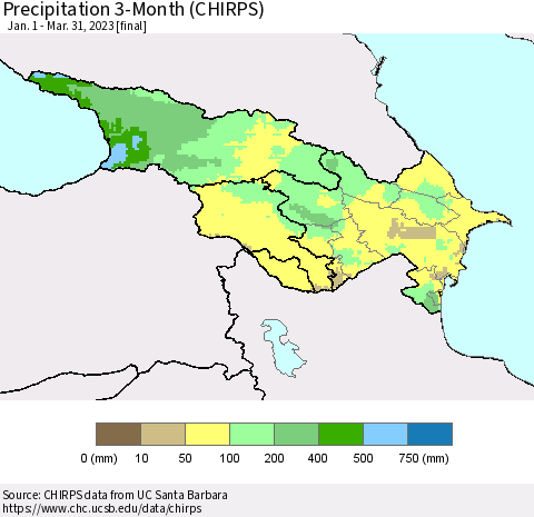Azerbaijan, Armenia and Georgia Precipitation 3-Month (CHIRPS) Thematic Map For 1/1/2023 - 3/31/2023