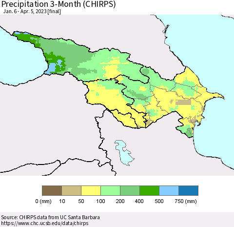Azerbaijan, Armenia and Georgia Precipitation 3-Month (CHIRPS) Thematic Map For 1/6/2023 - 4/5/2023