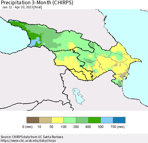 Azerbaijan, Armenia and Georgia Precipitation 3-Month (CHIRPS) Thematic Map For 1/11/2023 - 4/10/2023