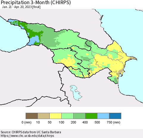 Azerbaijan, Armenia and Georgia Precipitation 3-Month (CHIRPS) Thematic Map For 1/21/2023 - 4/20/2023