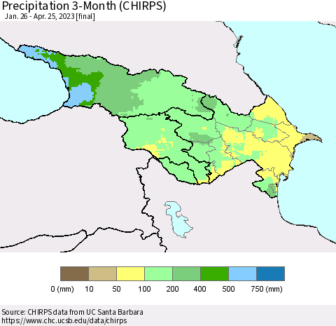 Azerbaijan, Armenia and Georgia Precipitation 3-Month (CHIRPS) Thematic Map For 1/26/2023 - 4/25/2023