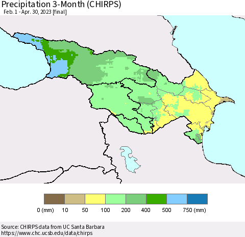 Azerbaijan, Armenia and Georgia Precipitation 3-Month (CHIRPS) Thematic Map For 2/1/2023 - 4/30/2023