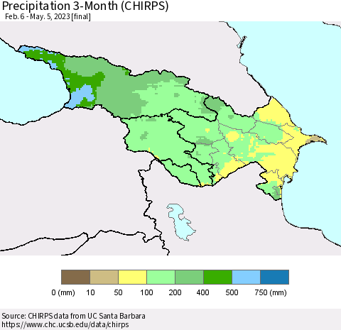 Azerbaijan, Armenia and Georgia Precipitation 3-Month (CHIRPS) Thematic Map For 2/6/2023 - 5/5/2023