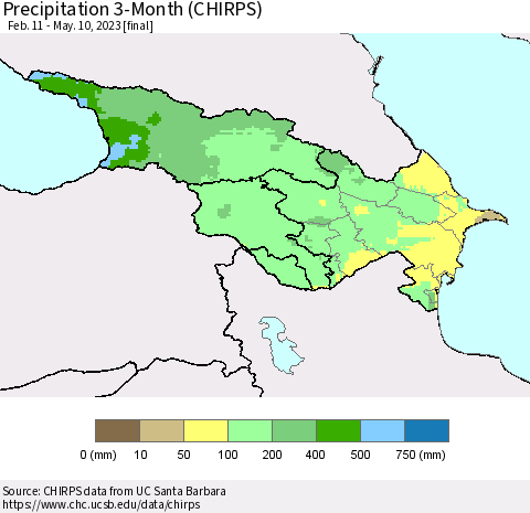 Azerbaijan, Armenia and Georgia Precipitation 3-Month (CHIRPS) Thematic Map For 2/11/2023 - 5/10/2023