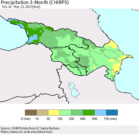 Azerbaijan, Armenia and Georgia Precipitation 3-Month (CHIRPS) Thematic Map For 2/16/2023 - 5/15/2023