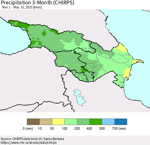 Azerbaijan, Armenia and Georgia Precipitation 3-Month (CHIRPS) Thematic Map For 3/1/2023 - 5/31/2023