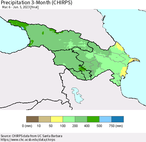 Azerbaijan, Armenia and Georgia Precipitation 3-Month (CHIRPS) Thematic Map For 3/6/2023 - 6/5/2023
