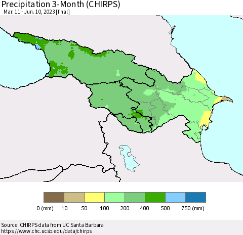 Azerbaijan, Armenia and Georgia Precipitation 3-Month (CHIRPS) Thematic Map For 3/11/2023 - 6/10/2023