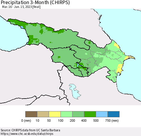 Azerbaijan, Armenia and Georgia Precipitation 3-Month (CHIRPS) Thematic Map For 3/16/2023 - 6/15/2023