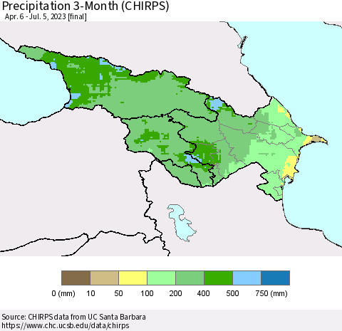 Azerbaijan, Armenia and Georgia Precipitation 3-Month (CHIRPS) Thematic Map For 4/6/2023 - 7/5/2023