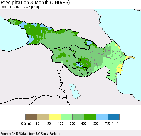 Azerbaijan, Armenia and Georgia Precipitation 3-Month (CHIRPS) Thematic Map For 4/11/2023 - 7/10/2023