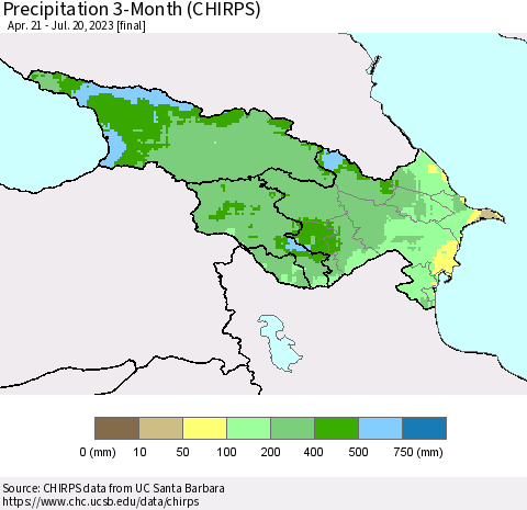 Azerbaijan, Armenia and Georgia Precipitation 3-Month (CHIRPS) Thematic Map For 4/21/2023 - 7/20/2023