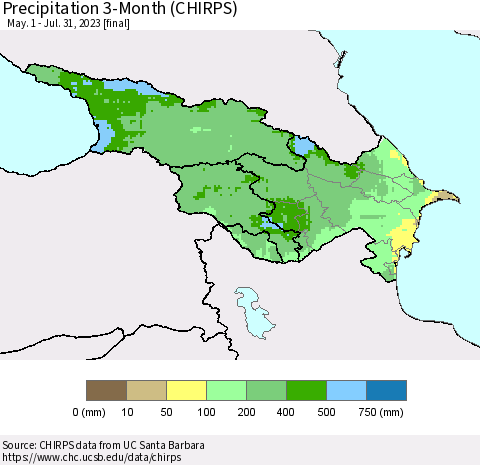 Azerbaijan, Armenia and Georgia Precipitation 3-Month (CHIRPS) Thematic Map For 5/1/2023 - 7/31/2023