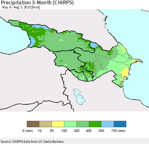 Azerbaijan, Armenia and Georgia Precipitation 3-Month (CHIRPS) Thematic Map For 5/6/2023 - 8/5/2023