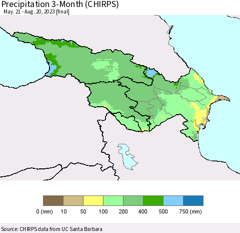 Azerbaijan, Armenia and Georgia Precipitation 3-Month (CHIRPS) Thematic Map For 5/21/2023 - 8/20/2023