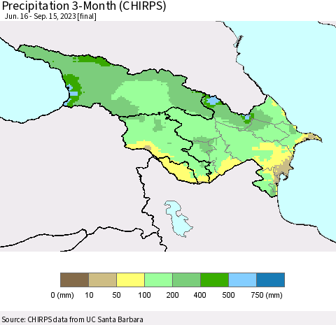 Azerbaijan, Armenia and Georgia Precipitation 3-Month (CHIRPS) Thematic Map For 6/16/2023 - 9/15/2023
