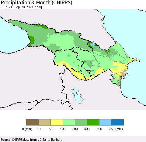 Azerbaijan, Armenia and Georgia Precipitation 3-Month (CHIRPS) Thematic Map For 6/21/2023 - 9/20/2023