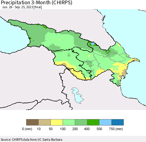 Azerbaijan, Armenia and Georgia Precipitation 3-Month (CHIRPS) Thematic Map For 6/26/2023 - 9/25/2023