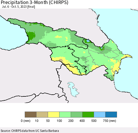 Azerbaijan, Armenia and Georgia Precipitation 3-Month (CHIRPS) Thematic Map For 7/6/2023 - 10/5/2023