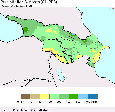Azerbaijan, Armenia and Georgia Precipitation 3-Month (CHIRPS) Thematic Map For 7/11/2023 - 10/10/2023