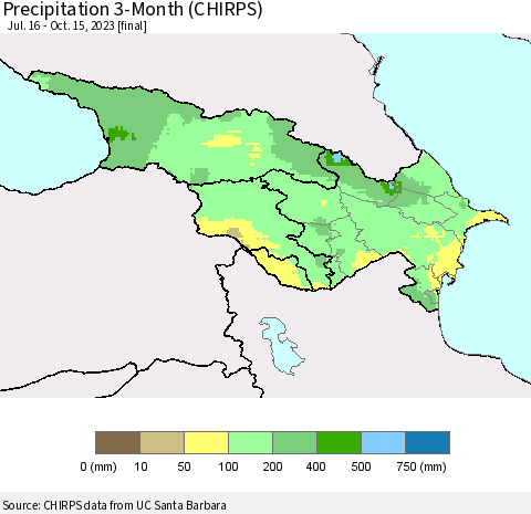 Azerbaijan, Armenia and Georgia Precipitation 3-Month (CHIRPS) Thematic Map For 7/16/2023 - 10/15/2023