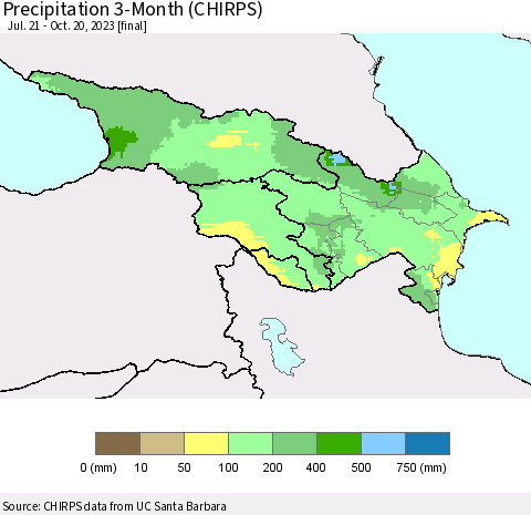 Azerbaijan, Armenia and Georgia Precipitation 3-Month (CHIRPS) Thematic Map For 7/21/2023 - 10/20/2023