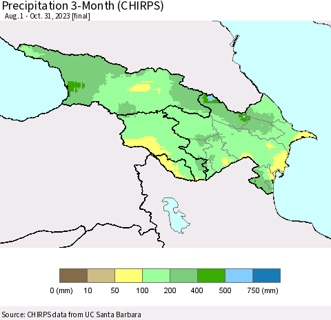 Azerbaijan, Armenia and Georgia Precipitation 3-Month (CHIRPS) Thematic Map For 8/1/2023 - 10/31/2023