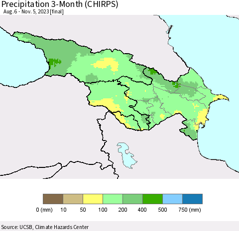 Azerbaijan, Armenia and Georgia Precipitation 3-Month (CHIRPS) Thematic Map For 8/6/2023 - 11/5/2023