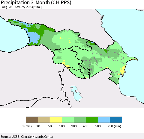 Azerbaijan, Armenia and Georgia Precipitation 3-Month (CHIRPS) Thematic Map For 8/26/2023 - 11/25/2023