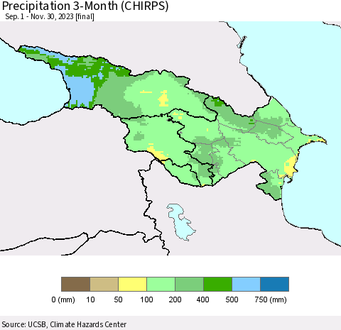 Azerbaijan, Armenia and Georgia Precipitation 3-Month (CHIRPS) Thematic Map For 9/1/2023 - 11/30/2023