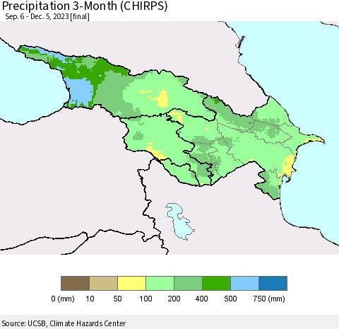 Azerbaijan, Armenia and Georgia Precipitation 3-Month (CHIRPS) Thematic Map For 9/6/2023 - 12/5/2023