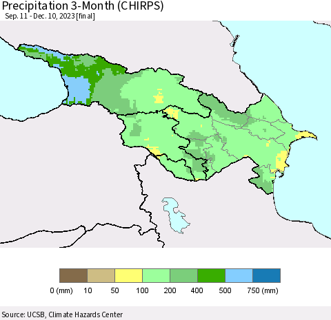 Azerbaijan, Armenia and Georgia Precipitation 3-Month (CHIRPS) Thematic Map For 9/11/2023 - 12/10/2023