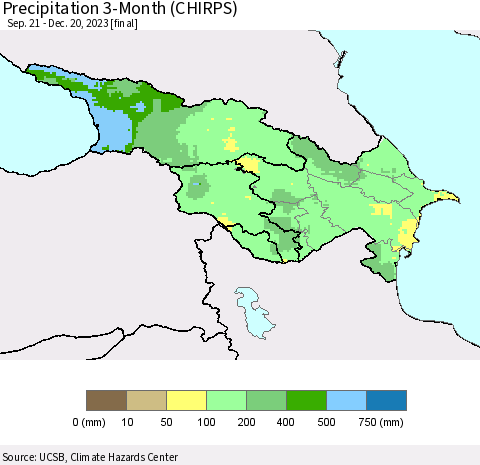Azerbaijan, Armenia and Georgia Precipitation 3-Month (CHIRPS) Thematic Map For 9/21/2023 - 12/20/2023