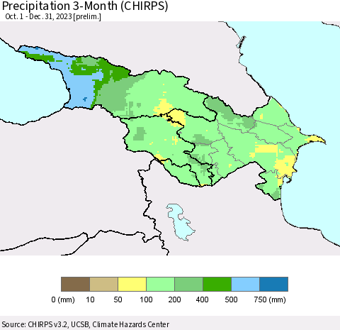 Azerbaijan, Armenia and Georgia Precipitation 3-Month (CHIRPS) Thematic Map For 10/1/2023 - 12/31/2023
