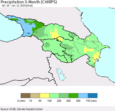 Azerbaijan, Armenia and Georgia Precipitation 3-Month (CHIRPS) Thematic Map For 10/16/2023 - 1/15/2024